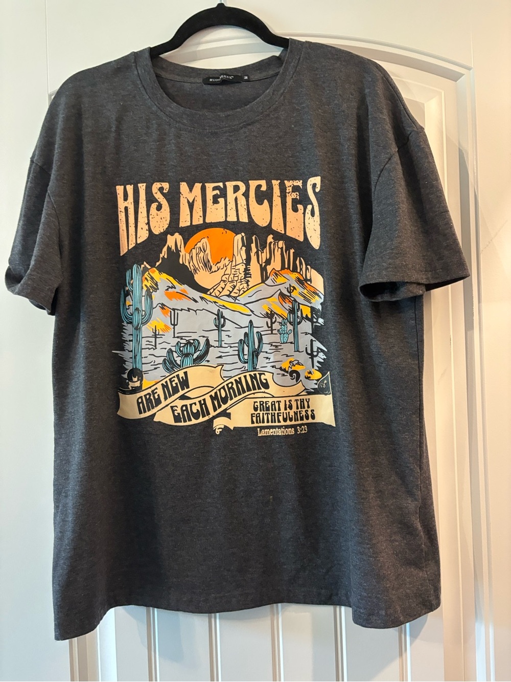 Women's Charcoal Graphic Tee - 'His Mercies' Desert Sunrise never worn